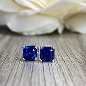 Asscher cut blue sapphire earrings, 2.00ctw screw back earrings  14k white gold  #5090