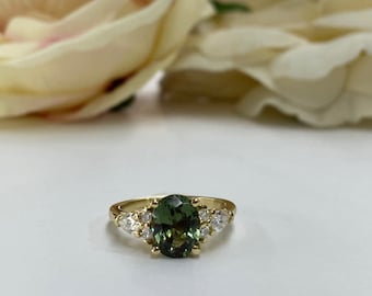 Oval Green Sapphire Engagement Ring 14K Solid Gold, Unique Vintage Oval Cluster Ring For Women, Olive Green Sapphire Engagement Rings, #7206