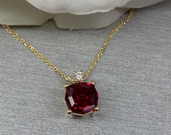 Ruby Pendant Necklace July Birthstone, Ruby Necklace, Dainty Necklace 14K Yellow Gold, Layering Necklace For Ladies Octagon Necklace #6713