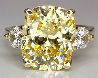 Canary Yellow Elongated Cushion Engagement Ring, 14k Gold Three Stone Simulated Diamond Wedding Ring, Cushion Cut Anniversary Ring    #5538