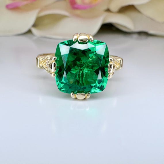 Cushion Cut Emerald And Diamond Engagement Ring 14k Yellow Gold Cushion Cut Emerald Wedding Ring Ladies Emerald And Diamond Ring 5975 Etsy
