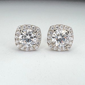 Moissanite  earrings, moissanite stud earrings unisex, unique halo moissanite earring, dainty white gold stud earring, bridal earrings #7803