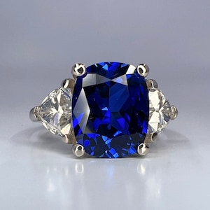 Cushion Cut Blue Sapphire Engagement Ring 14K Solid Gold , Lab Grown Diamond Trillion Accents , September Birthstone Jewelry For Her   #8314