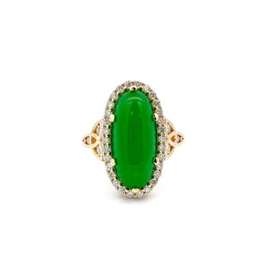 Jade Ring Elongated Oval with Diamond Halo in 14K Solid Yellow Gold , Unique Cabochon Oval Cut Jade Engagement Ring  Celtic Gold Jade Ring