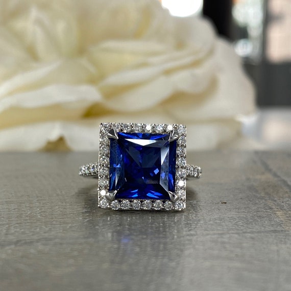 Princess cut Blue Sapphire and Diamond Engagement Ring in White Gold -  JeenJewels