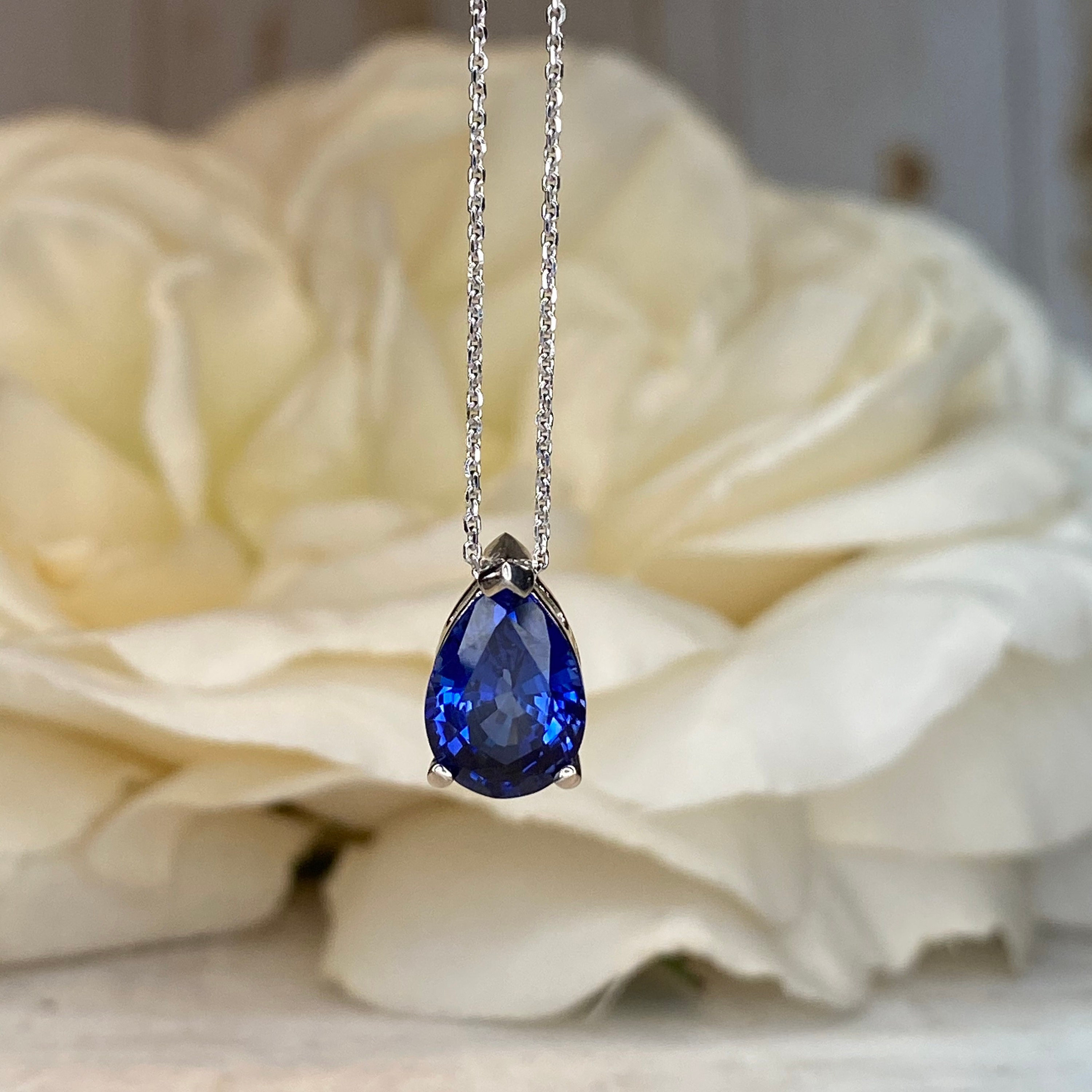Pear Shape Blue Sapphire Pendant Necklace 14k Yellow Gold