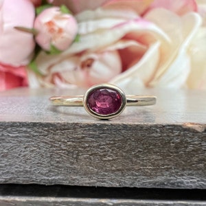 Oval Natural Ruby Ring For Women 14k Solid Yellow Gold, Bezel Set Ruby Ring Minimalist, Thin Ruby Stacking Ring July Birthstone Ring, #5841