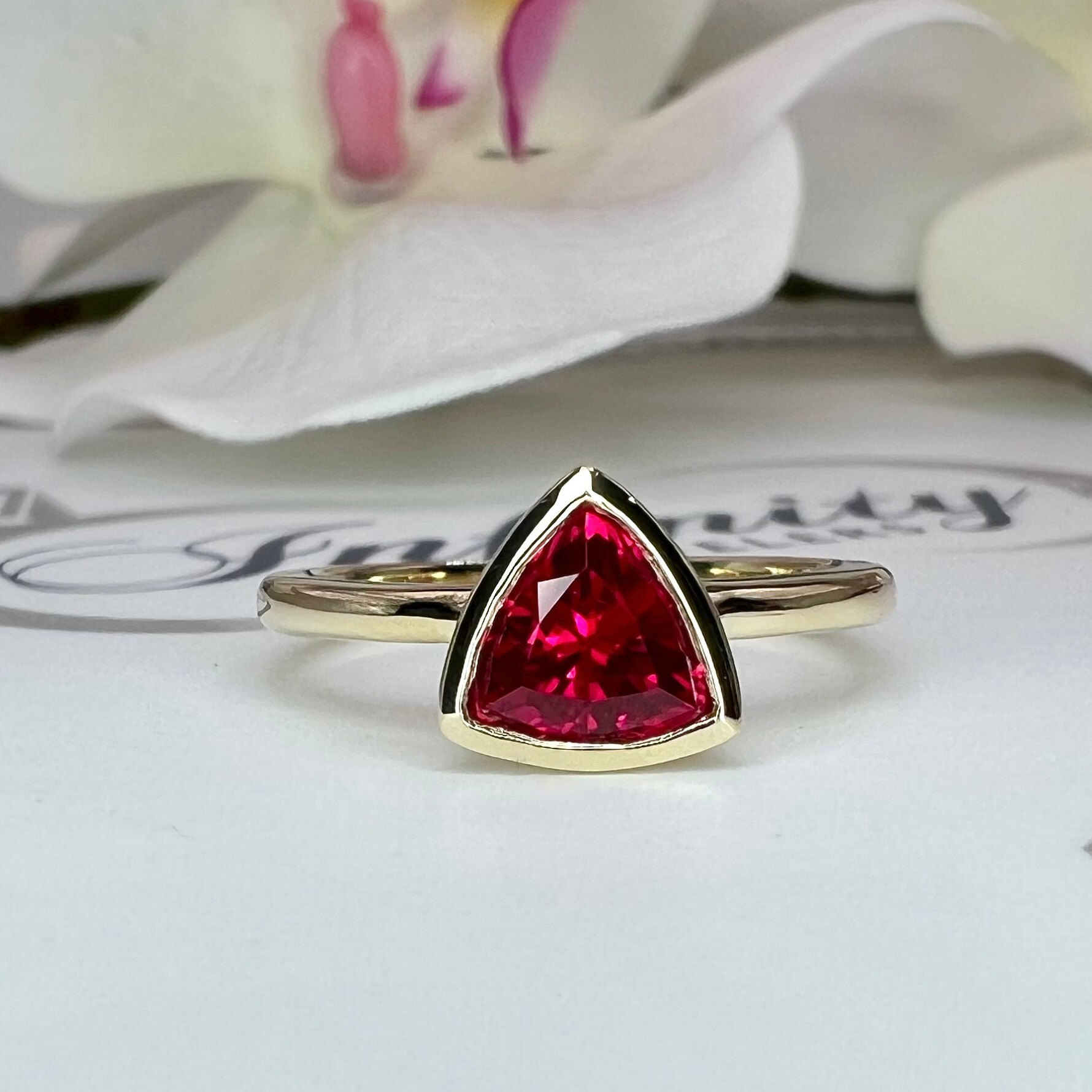 Triangle Gemstone Bezel Set Ring, Trillion Cut Ruby Engagement Ring for ...