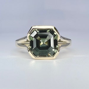 Asscher cut olive green sapphire engagement ring 14k solid gold, Bezel sapphire wedding ring, unique solitaire bezel set promise ring, #8231