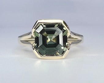 Asscher Cut Olive Green Sapphire Engagement Ring 14k Solid Gold