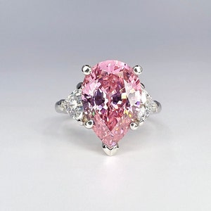 Pear Shape Pink CZ Engagement Ring 14K Solid Gold , Pink Teardrop 3 Stone Ring , Princess Ring Gift For Girlfriend  Everyday Pink Ring #6274