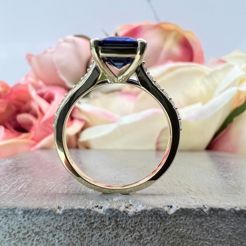 Emerald Cut Blue Sapphire Engagement Ring 14K White Gold - Etsy