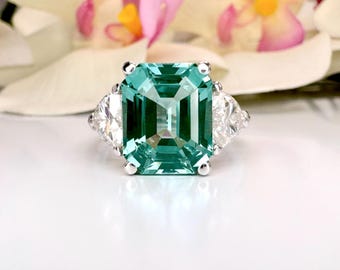Emerald Cut Teal Green Paraiba Tourmaline Engagement Ring 14K Solid Gold , Three Stone Wedding Ring , Anniversary Ring For Ladies ,  #6824