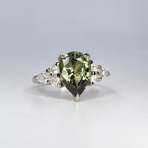 Pear Shape Olive Green Sapphire Lab Grown Diamonds Engagement Ring, 14k Gold Unique Anniversary Ring Pear Shape Gem Stone Ladies Ring, #8187