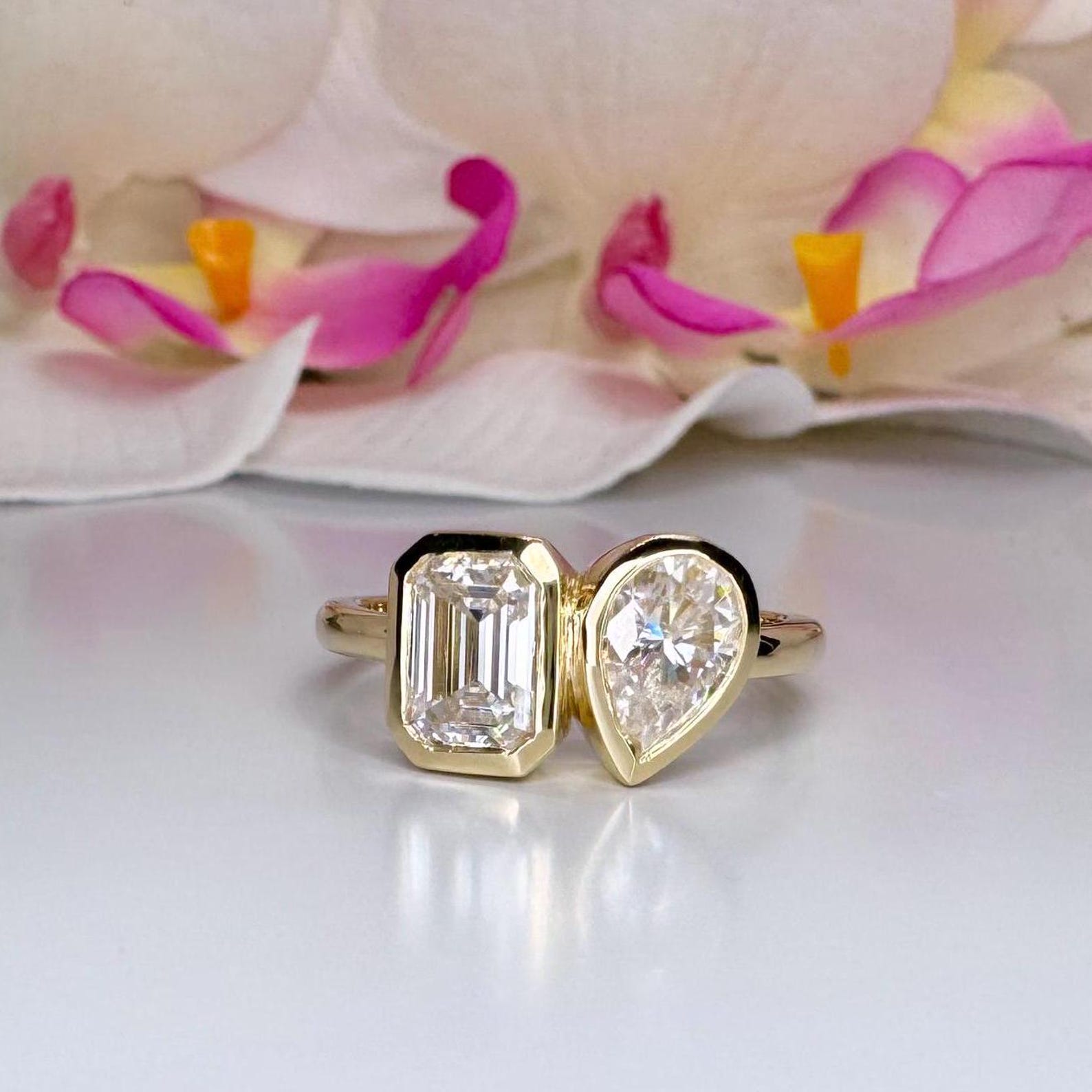 1.75 Ctw Toi et Moi Ring Emerald Cut and Pear Shaped Moissanite Bezel Set Ring 14K Solid Gold , Two Stone Birthstone Couples Ring , #8670