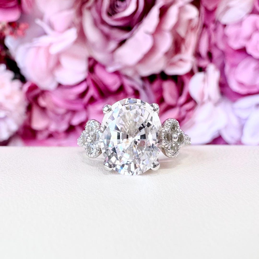 Oval Moissanite Engagement Ring , Three Stone Moissanite Ring 14K Solid ...