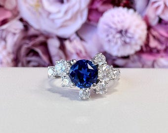 Blue Sapphire and Lab Diamond Geometric Ring 14K Solid Gold, Blue Sapphire Cluster Ring September Birthstone   #8800
