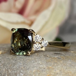 Green Sapphire Cushion Cut and Diamond Engagement Ring 14k - Etsy