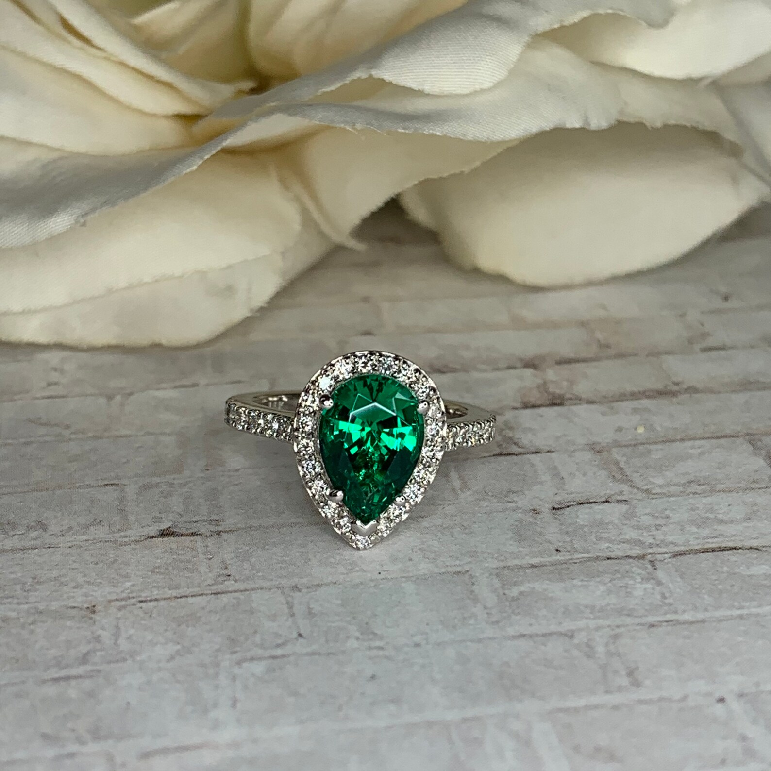 Emerald Pear Shape Engagement Ring Diamond Halo Ring Unique | Etsy