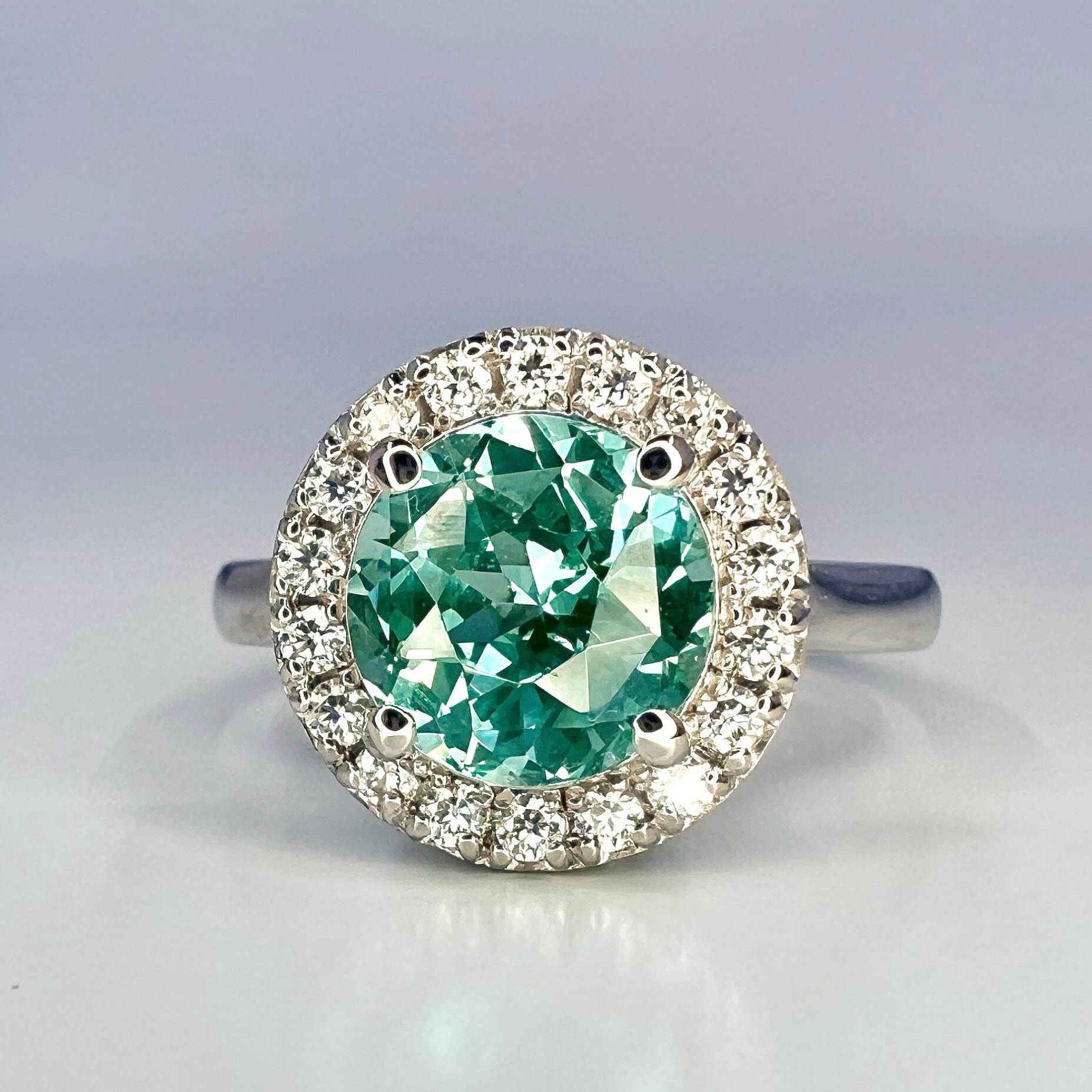 Teal Green Paraiba Tourmaline Vintage Engagement Ring, Moissanite