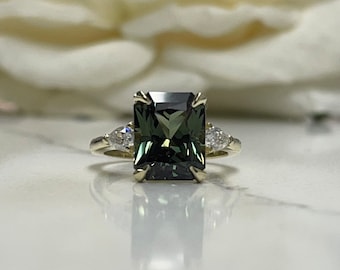 Radiant Cut Olive Green Sapphire Engagement Ring 14K White Gold Unique Vintage Olive Green Sapphire Engagement Rings Green Sapphire Ring