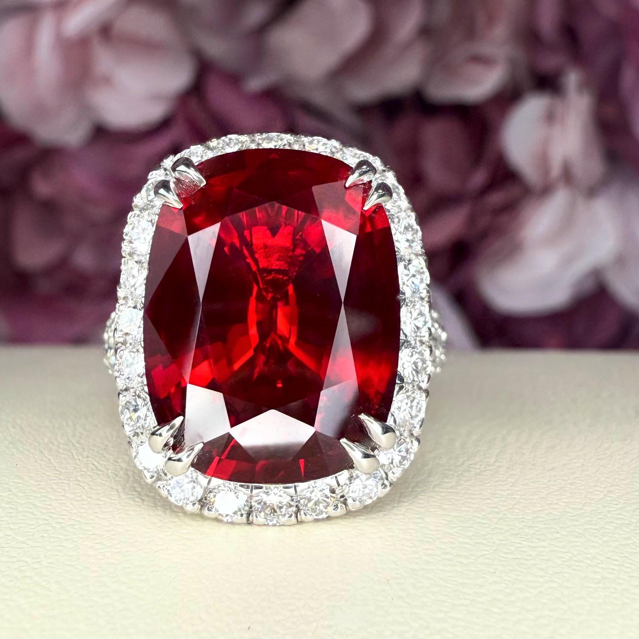 Cushion Cut Ruby Ring with Lab Diamond Halo 14K Solid Gold , July Birthstone Ring , Large Ruby Cocktail Ring , Unique Ruby Engagament Ring