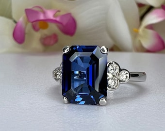 Blue Sapphire Engagement Ring 14K White Gold Emerald Cut Blue Sapphire Ring  Diamonds Unique Sapphire Wedding Promise Anniversary Ring #6100