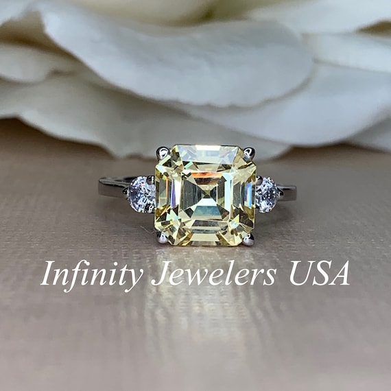 Asscher Cut Three Stone Engagement Ring 14k Gold Yellow Asscher Cut Simulated Diamond And Rounds Wedding Ring 3 Stone Asscher Ring 4923