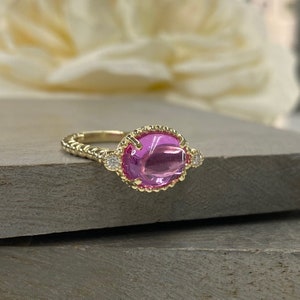 Oval Pink Engagement Ring 14K Yellow Gold Pink Sapphire Three Stone Ring For Women, Unique Cabochon Pink Sapphire Engagement Rings, #7217