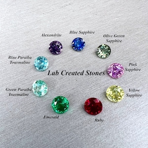 May include: Lab-created gemstones in various colors, including blue, green, pink, yellow, and red. The stones are arranged in a circle with their names written above them. The text "Lab Created Stones" is written in the center of the circle.