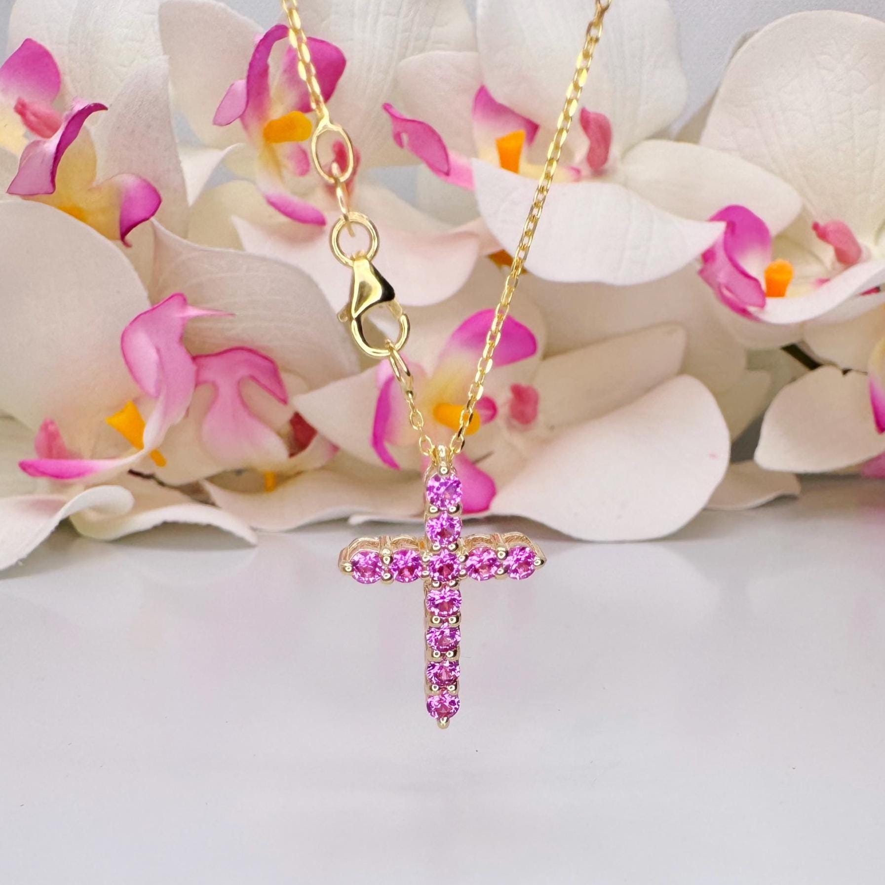 Cross Necklace With Sapphire Stones for Girls, Pink Sapphire Cross