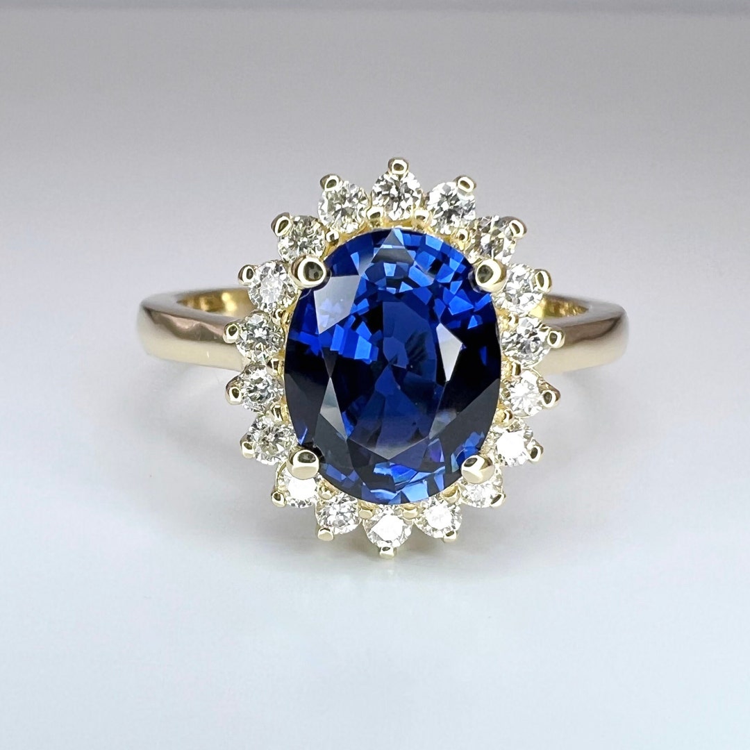 Oval Cut Blue Sapphire and Diamond Engagement Ring, 14k Gold Blue ...