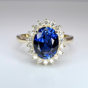 Oval Cut Blue Sapphire And Diamond Engagement Ring, 14k Gold Blue Sapphire With Diamond Halo Wedding Ring, September Birthstone Ring  #6236