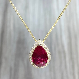 Ruby Pear and Moissanite Halo Pendant Necklace 14K Yellow Gold  Pear Shaped Ruby Pendant For Ladies Unique Pear Ruby Necklace Pendant  #7289