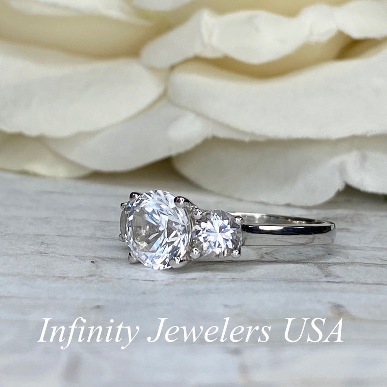 White Sapphire Engagement Ring Round Brilliant Three Stone Etsy
