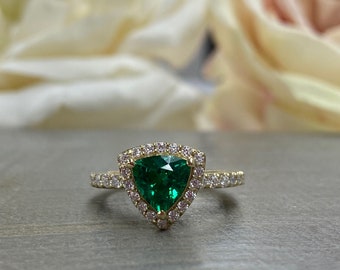 Triangle Gemstone Ring Setting, Trillion Cut Emerald Engagement Ring For Women, Unique Vintage Halo Engagement Rings 14K Solid Gold,  #7202