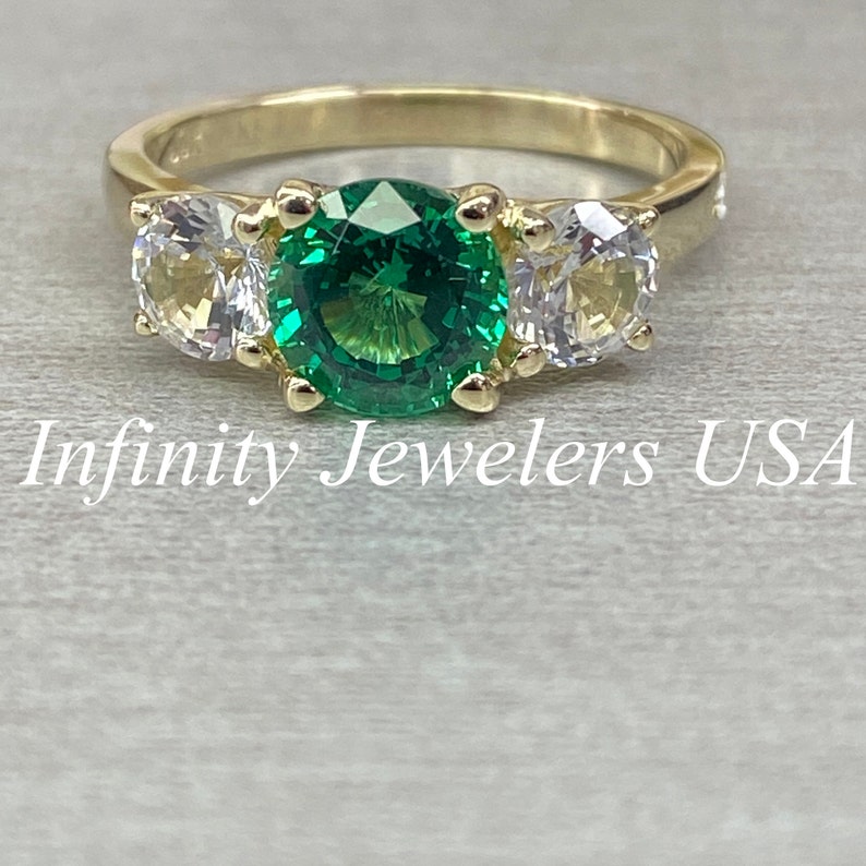 Round Emerald and Moissanite Three Stone Engagement Ring 3 - Etsy