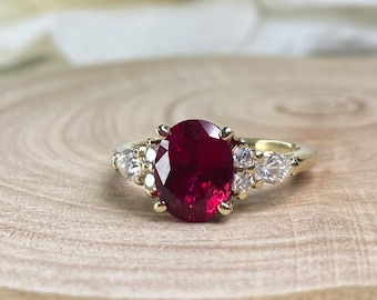 Oval Red Ruby Engagement Ring 14K Solid Yellow Gold, Unique Vintage Oval Cluster Ring For Women, Ruby and Moissanite Engagement Rings, #7208