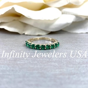 Half Eternity Emerald Wedding Band Yellow Gold Stacking Emerald Band For Women Dainty Wedding Promise Anniversary Half Eternity Band  #5532