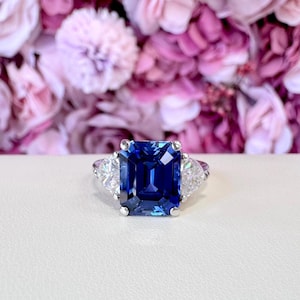 Emerald Cut Blue Sapphire Engagement Ring 14K Solid Gold , Three Stone Blue Sapphire Ladies Ring , September Birthstone Jewelry ,   #8757