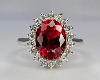 Oval Cut Engagement Ring / Red Ruby Ring / Diamond Halo Ring / Moissanite Halo Ring / 14k Yellow Gold / #6344