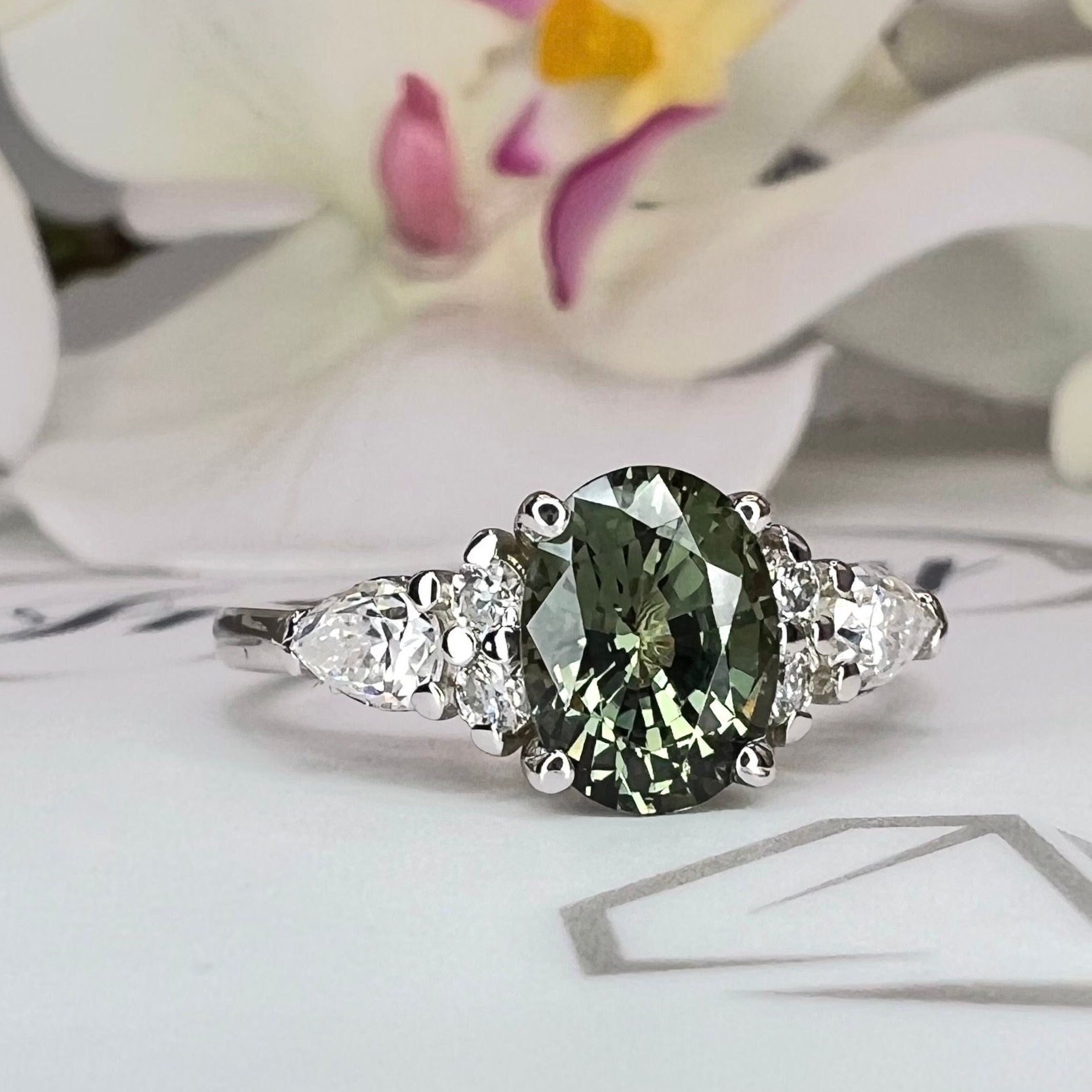 Cushion Cut Seafoam Green Tourmaline, Hot Pink Sapphire and Diamond Halo Engagement  Ring in 14k White Gold (GR-9198)