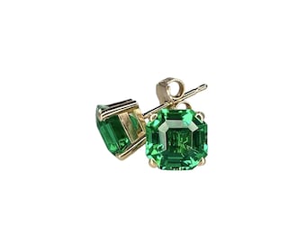 Asscher Cut Emerald Stud Earrings, 2.00ctw 14k Gold Emerald Earrings For Her, Asscher Cut Emerald May Birthstone Unisex Stud Earrings  #5665