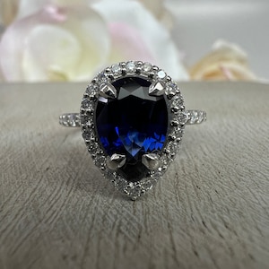 Pear Shaped Blue Sapphire Engagement Ring White Gold Unique Pear Blue Sapphire Ring Blue Sapphire Pear Solitaire Wedding Promise Ring  #7357