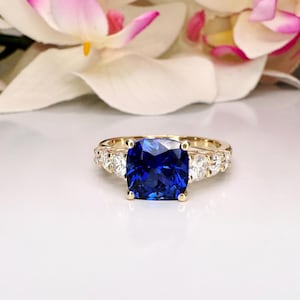 Blue Sapphire Ring Cushion Cut 14K White Gold For Women, Blue Sapphire Engagement Ring, Cushion Cut Solitaire Sapphire Engagement Ring 6378
