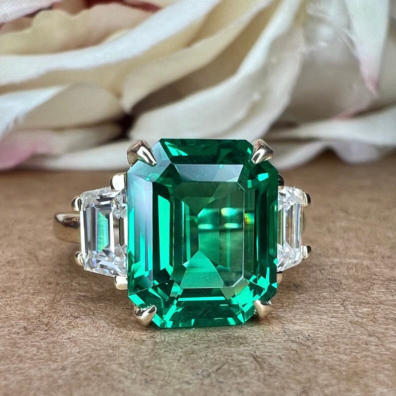 Emerald Cut Emerald Engagement Ring With Trapezoid 14K Solid - Etsy