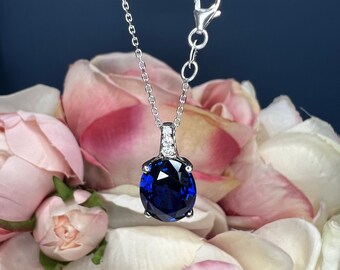 Oval Blue Sapphire and Diamond Pendant Necklace 14K White