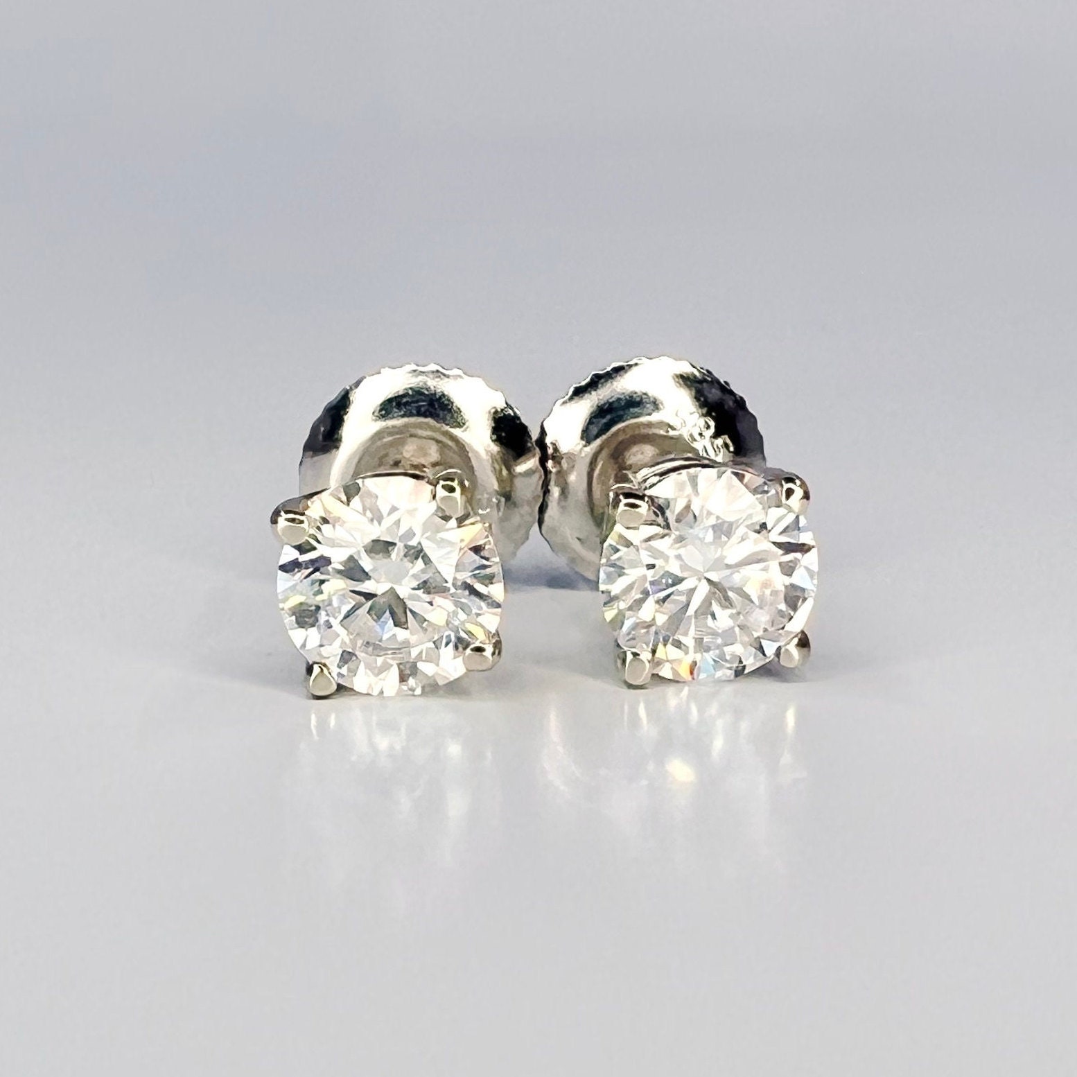 14kt White Gold Four Prong Lab Grown Diamond Stud Earrings with Screw Backs E/VS1