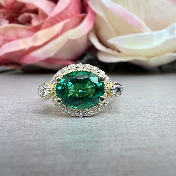 Emerald Oval Engagement Ring Yellow Gold East West Emerald - Etsy