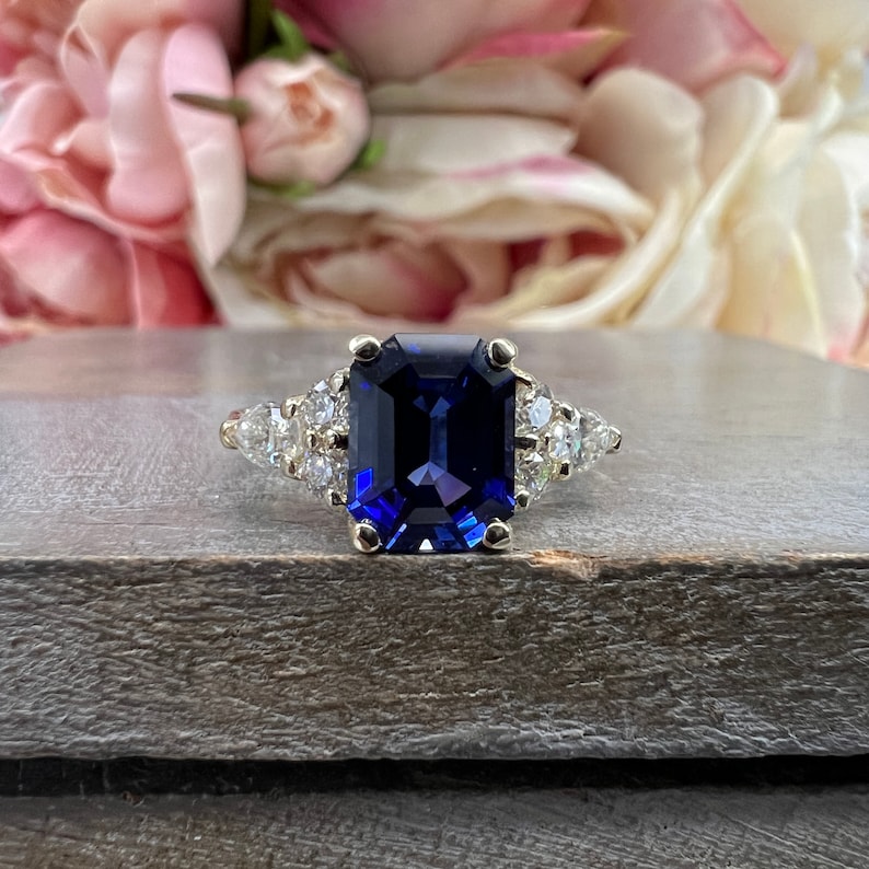 Blue Sapphire Engagement Ring White Gold Unique Vintage Blue - Etsy